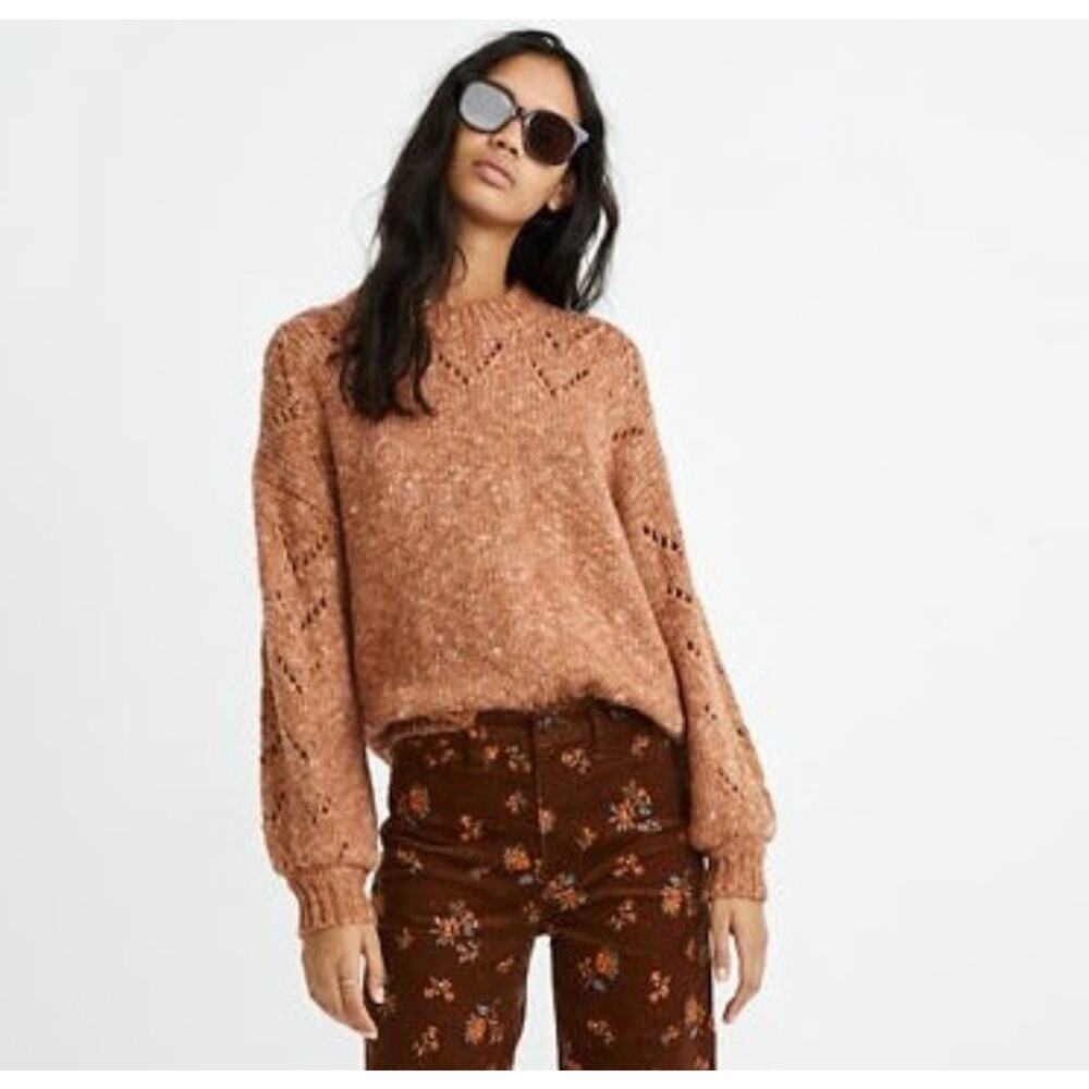 Cozy Open-Knit Balloon-Sleeve Sweater - Rust